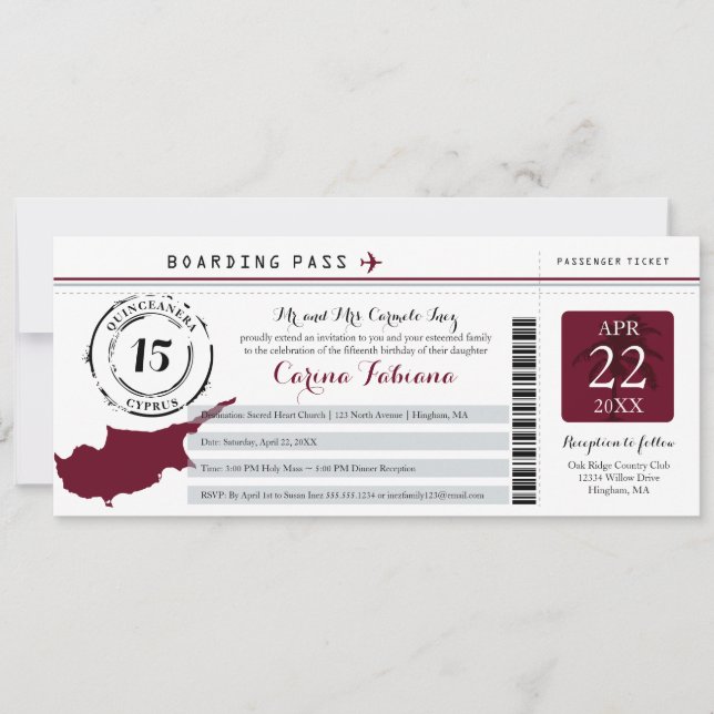 Quinceanera Silver Grey and Burgundy CYPRUS Invita Invitation (Front)