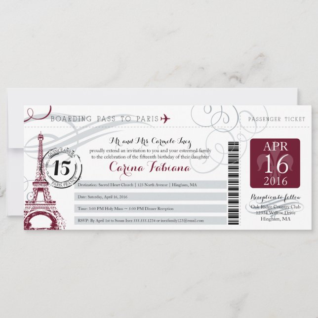 Quinceanera Silver Grey and Burgundy | Paris Invitation (Front)