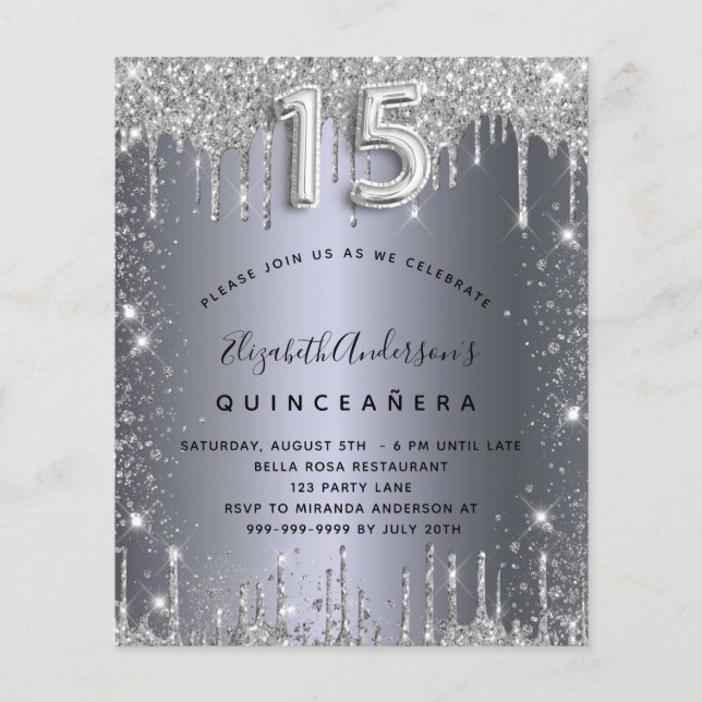 Quinceanera silver metal glitter budget invitation flyer (Front)