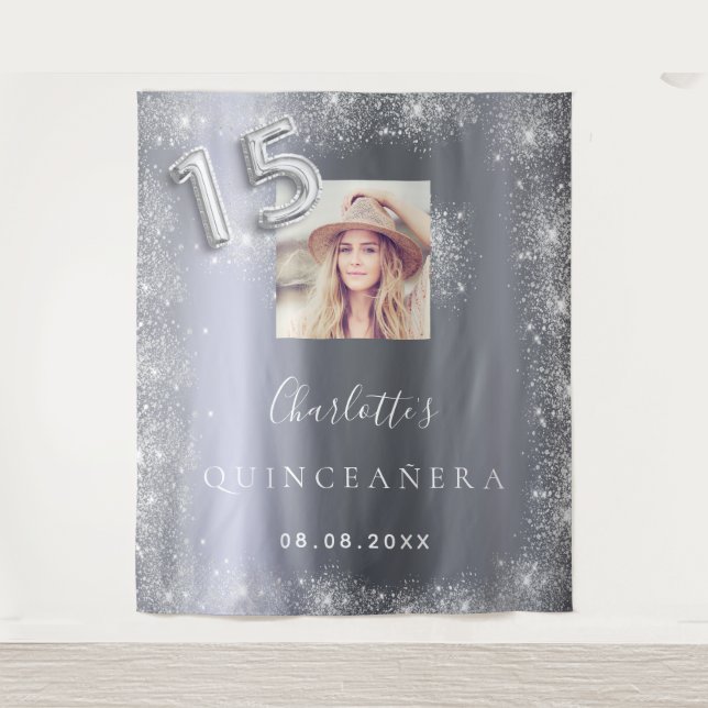 Quinceanera silver photo glitter welcome tapestry (Front)