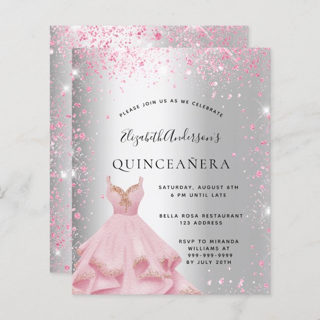 Quinceanera silver pink dress budget invitation (Front/Back)