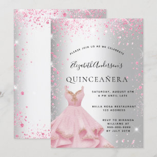 Quinceanera silver pink dress glitter dust invitation