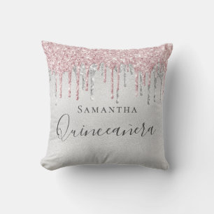 Quinceanera silver pink glitter drip monogram name cushion
