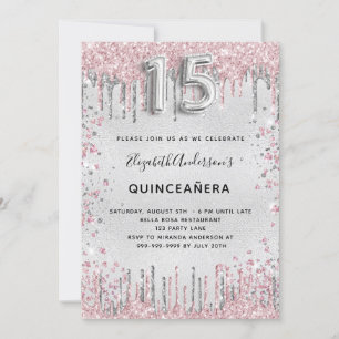 Quinceanera silver pink glitter invitation