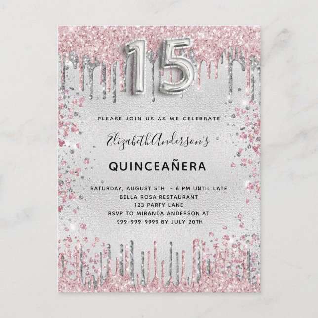 Quinceanera silver pink metal glitter dust invitation postcard (Front)