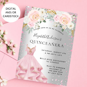Quinceanera silver pink sparkles dress glamourous invitation