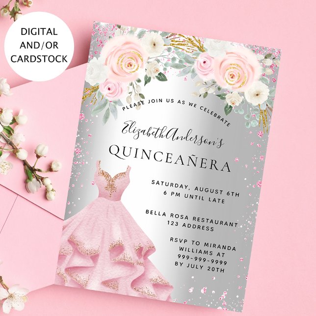 Quinceanera silver pink sparkles dress glamourous invitation (Creator Uploaded)