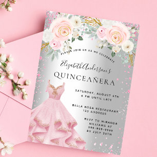 Quinceanera silver pink sparkles dress glamourous invitation postcard