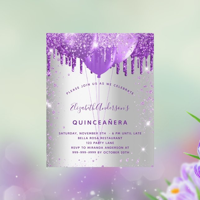Quinceanera silver purple budget invitation flyer (Creator Uploaded)