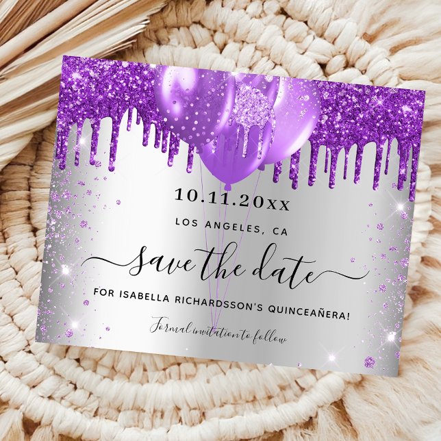 Quinceanera silver purple budget save the date flyer (Creator Uploaded)