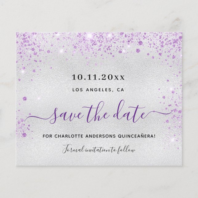 Quinceanera silver purple budget save the date flyer (Front)