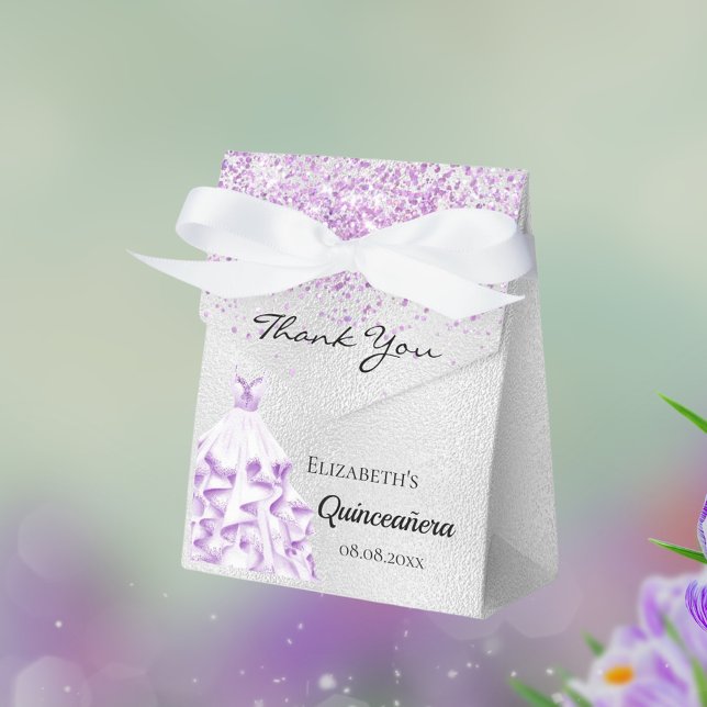 Quinceanera silver purple glitter dress thank you favour box (Creator Uploaded)