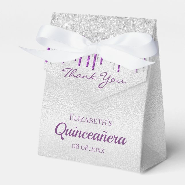 Quinceanera silver purple glitter drip thank you favour box (Front Side)