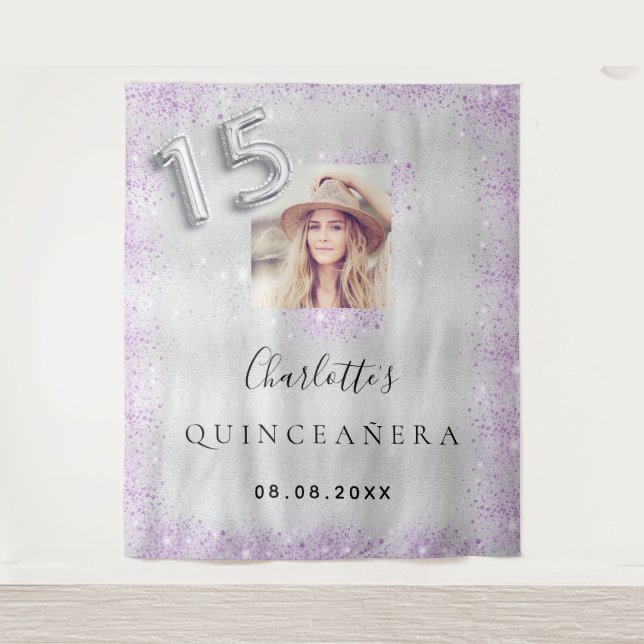 Quinceanera silver purple glitter photo welcome tapestry (Front)