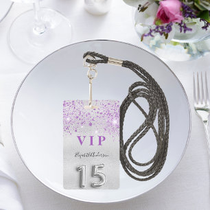Quinceanera silver purple glitter VIP invitation ID Badge