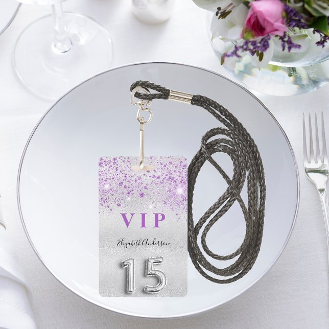 Quinceanera silver purple glitter VIP invitation ID Badge (Creator Uploaded)