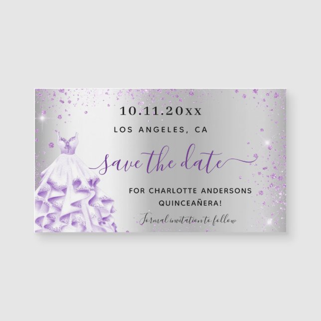 Quinceanera silver purple save the date magnet (Front)