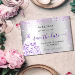 Quinceanera silver purple sparkles save the date announcement postcard<br><div class="desc">A girly and trendy Save the Date for a Quinceañera,  15th birthday party. A faux silver looking background decorated with purple,  violet faux glitter sparkles. Personalise and add a date and name/age. The text: Save the Date is written with a large trendy hand lettered style script.</div>