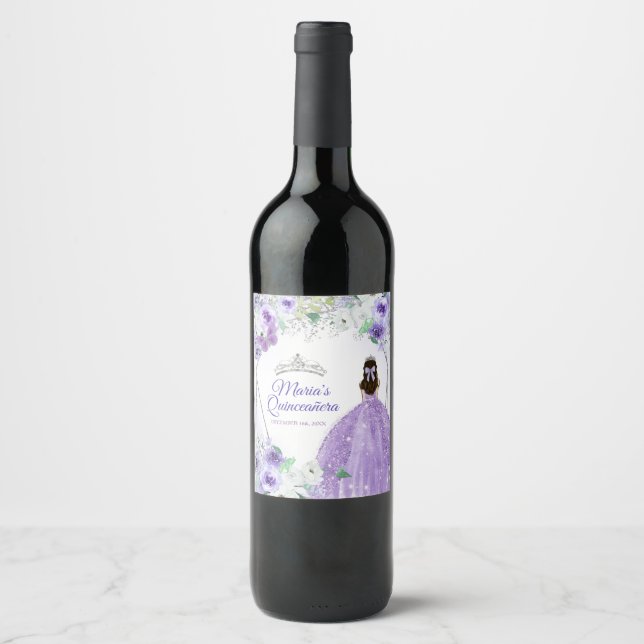 Quinceañera Silver & Purple Wine Bottle Wine Label (Front)