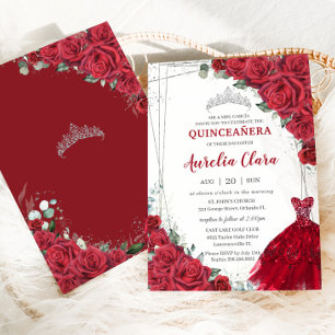 Quinceañera Silver Red Roses Floral Dress Gown Invitation