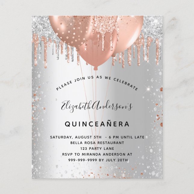 Quinceanera silver rose gold balloons budget flyer (Front)
