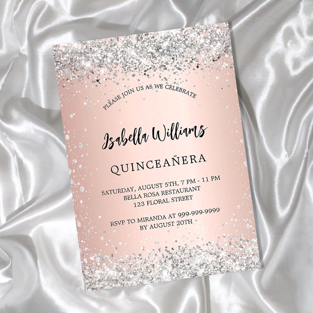 Quinceanera silver rose gold blush confetti invitation postcard (Creator Uploaded)