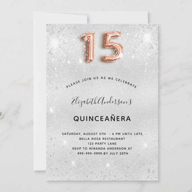 Quinceanera silver rose gold glitter glamourous invitation (Front)