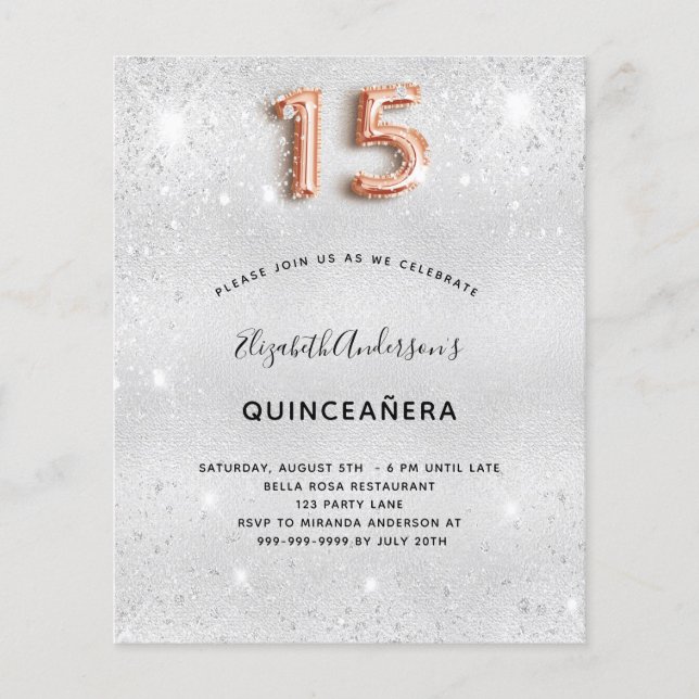 Quinceanera silver rose gold invitation (Front)