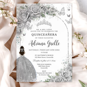 Quinceañera Silver Roses Floral Girl Dress P Invitation