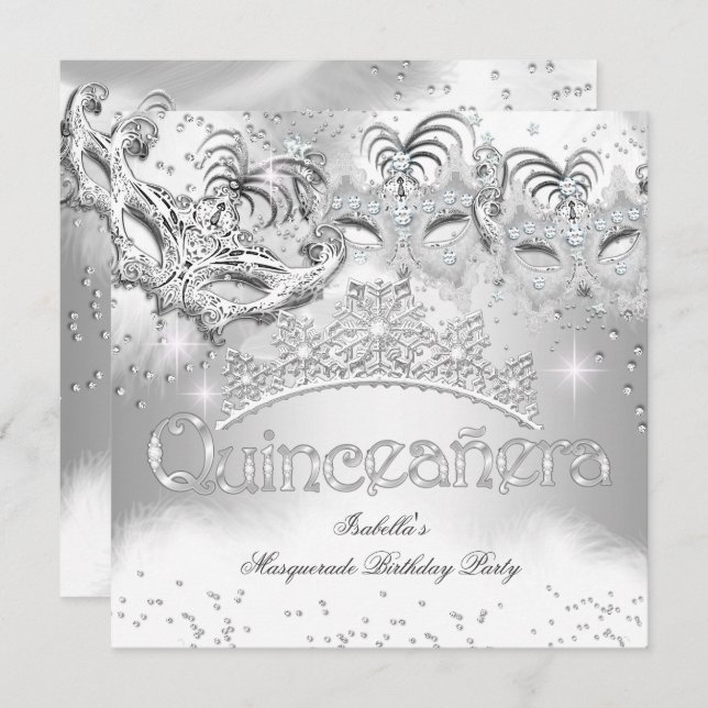 Quinceanera Silver Sparkle Masquerade Party 2 Invitation (Front/Back)