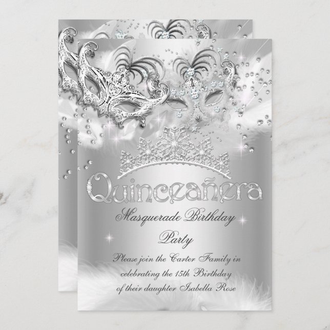 Quinceanera Silver Sparkle Masquerade Party Invitation (Front/Back)