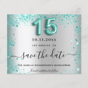 Quinceanera silver teal budget save the date flyer