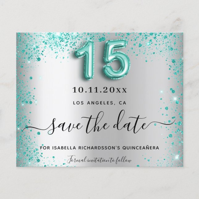 Quinceanera silver teal budget save the date flyer (Front)