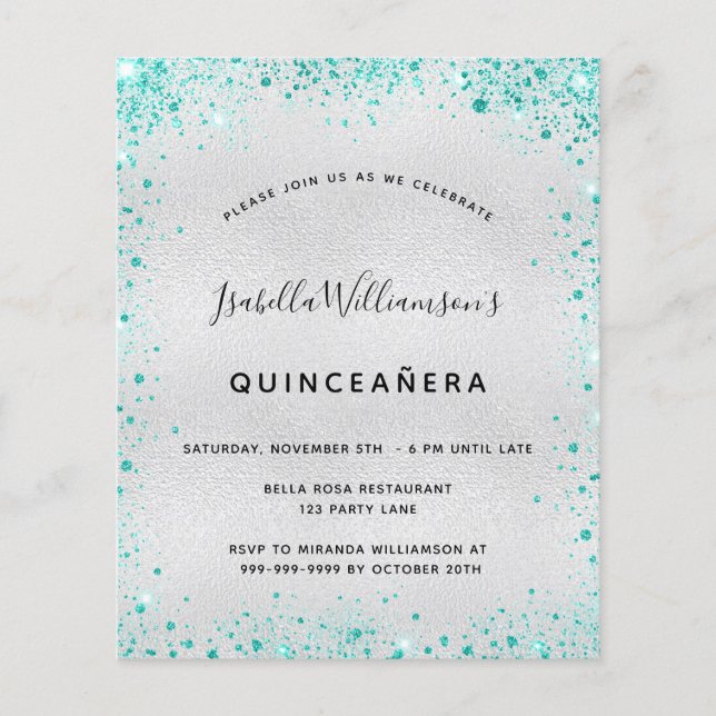 Quinceanera silver teal glitter budget invitation flyer (Front)