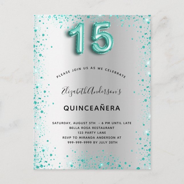 Quinceanera silver teal glitter dust invitation postcard (Front)