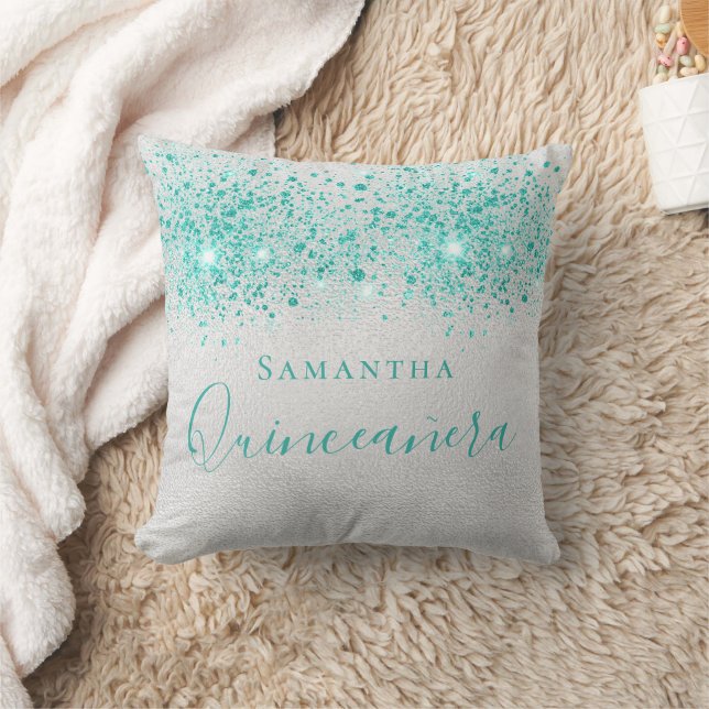 Quinceanera silver teal glitter names cushion (Blanket)