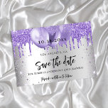 Quinceanera silver violet balloons save the date announcement postcard<br><div class="desc">A faux silver looking background decorated with violet,  lavender colored faux glitter and balloons.  Personalize and add a date and name/age. The text: Save the Date is written with a large trendy hand lettered style script.</div>