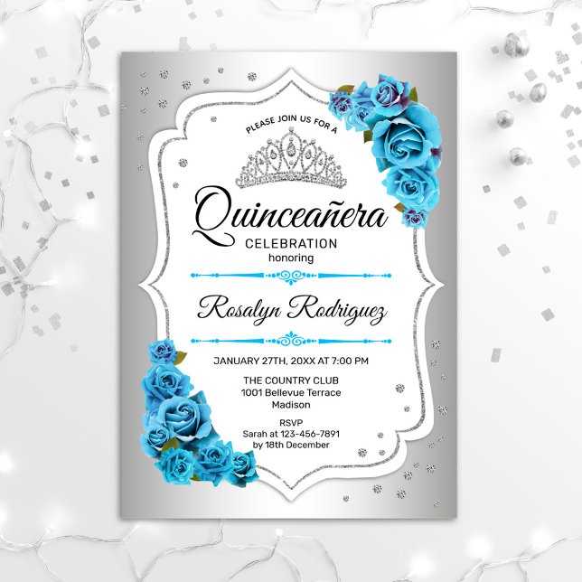 Quinceanera - Silver White Blue Invitation (Creator Uploaded)