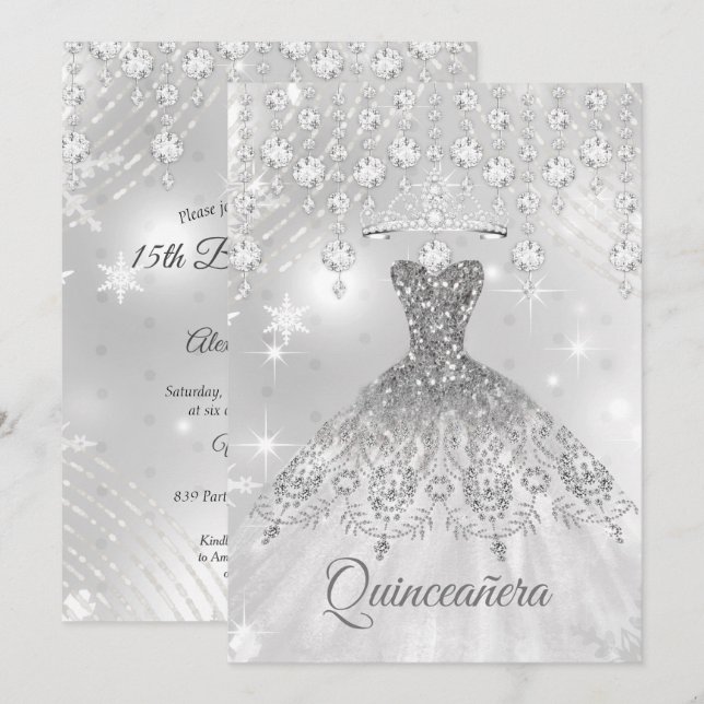 Quinceanera Silver White Dress 15th Birthday Party Invitation (Front/Back)