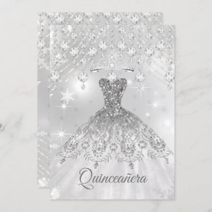 Quinceanera Silver White Dress 15th Birthday Party Invitation
