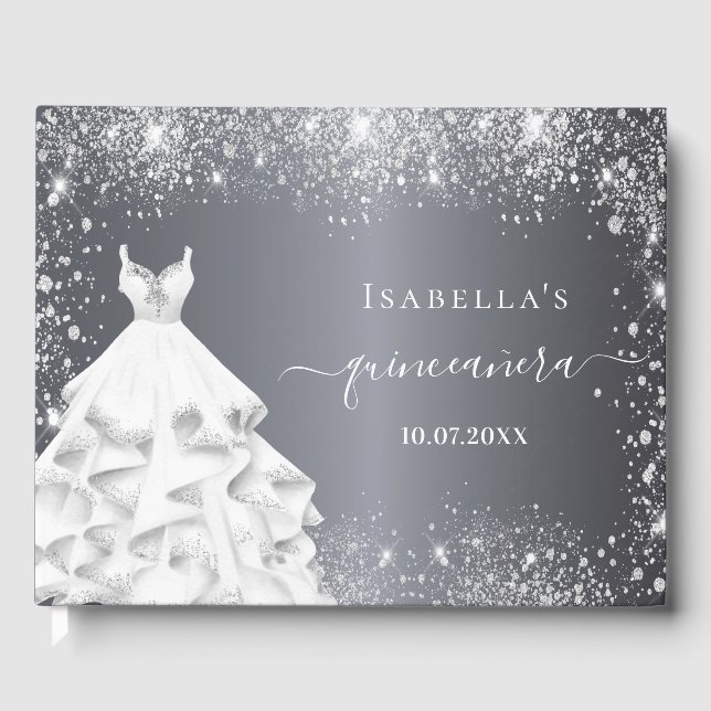 Quinceanera silver white dress glitter birthday guest book (Front)