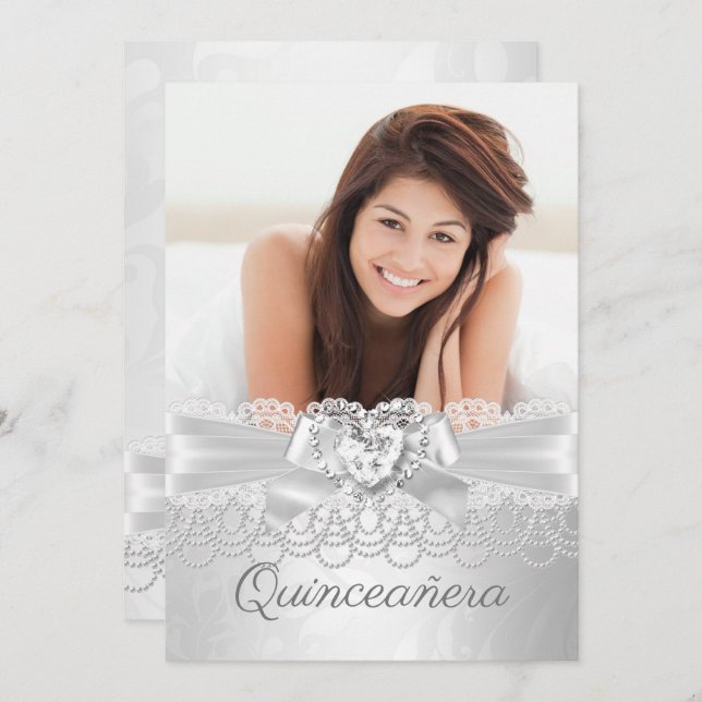 Quinceanera Silver white Lace Damask Diamond Heart Invitation (Front/Back)