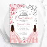 Quinceanera Silver White Pink Floral Twins Invitation<br><div class="desc">Pink,  silver and white floral twins Quinceanera celebration invitation. Features brunette girl in ball gown dress,  script font,  silver butterflies,  blush pink roses and tiara. Perfect for an elegant princess style glam celebration. Personalise with your own details. Printed Zazzle invitations or instant download digital printable template.</div>