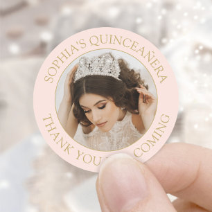 Quinceañera Simple Photo Blush Pink Gold Thank You Classic Round Sticker