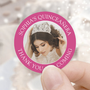 Quinceañera Simple Photo Fuschia Pink Thank You Classic Round Sticker