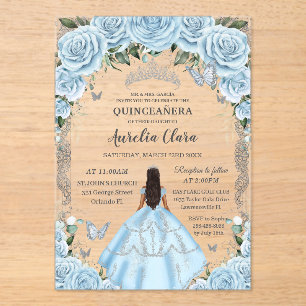 Quinceañera Sky Blue Floral Dress Tan Princess  Acrylic Invitations