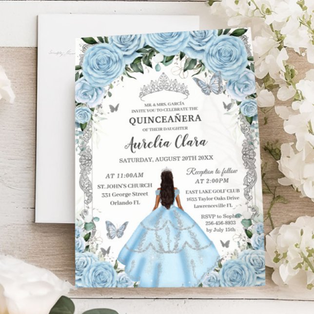 Quinceañera Sky Blue Floral Gown Princess Silver Invitation (Creator Uploaded)