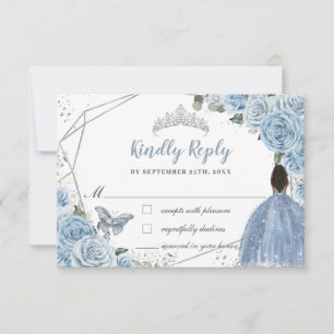 Quinceañera Soft Baby Blue Floral Brown Princess RSVP Card