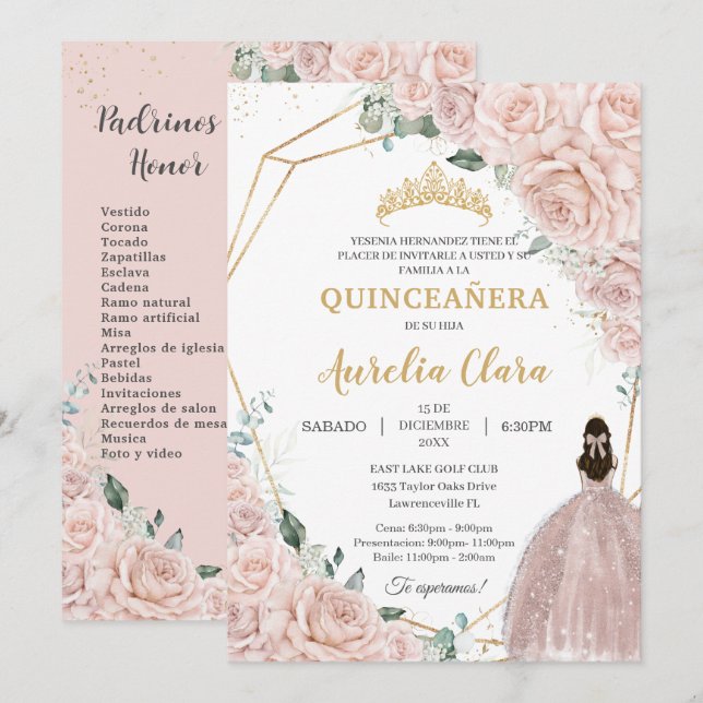 Quinceañera Soft Blush Floral 15 Años Padrinos Invitation (Front/Back)