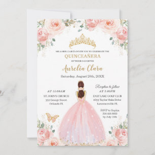 Quinceañera Soft Blush Floral Butterflies Princess Invitation